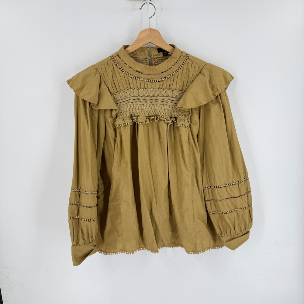 J.Crew Ruffle Smocked Top Ochre XXL Boho Victorian Peasant Prairie Romantic
